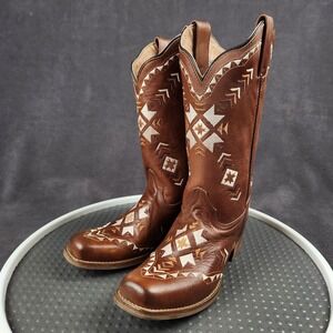 Dingo Cowboy Boots Womens Size 7 Mesa Tan Leather Square Toe Aztec DI 725